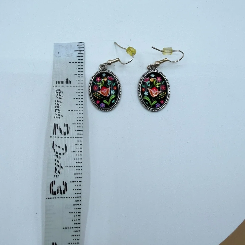 Floral Folk Art Earrings Black Multicolor Flower Oval Silver Tone Dangle Pair